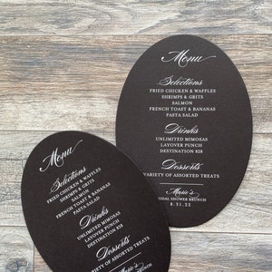 Black Stock Oval Menu Card Black and White Menu White Ink on Dark Stock Plate Card Wedding Banquet Wreath Event Menu Plate Menu image 1