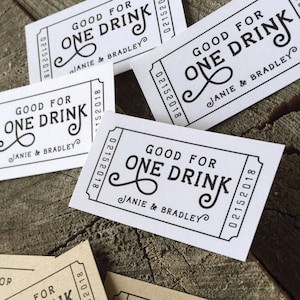50 boletos para bebidas de boda - Canjee por un cupón para bebidas - Boletos para el bar de la fiesta - Moneda de madera de cinco centavos - Una bebida - Ficha para admitir una bebida - Rectángulo