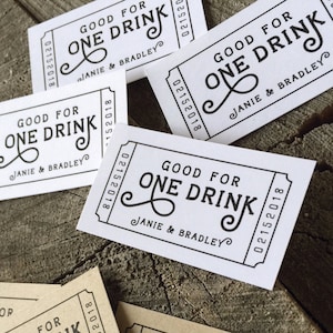 50 Wedding Drink Tickets Redeem for a Drink Coupon Party Bar Tickets Wooden Nickel One Drink Admit one Drink Token Rectangle image 1