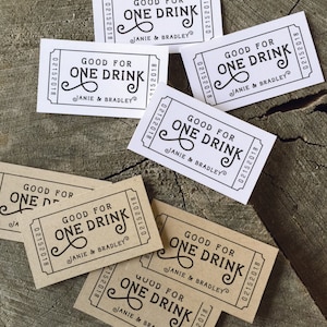 50 boletos para bebidas de boda - Canjee por un cupón para bebidas - Boletos para el bar de la fiesta - Moneda de madera de cinco centavos - Una bebida - Ficha para admitir una bebida - Rectángulo