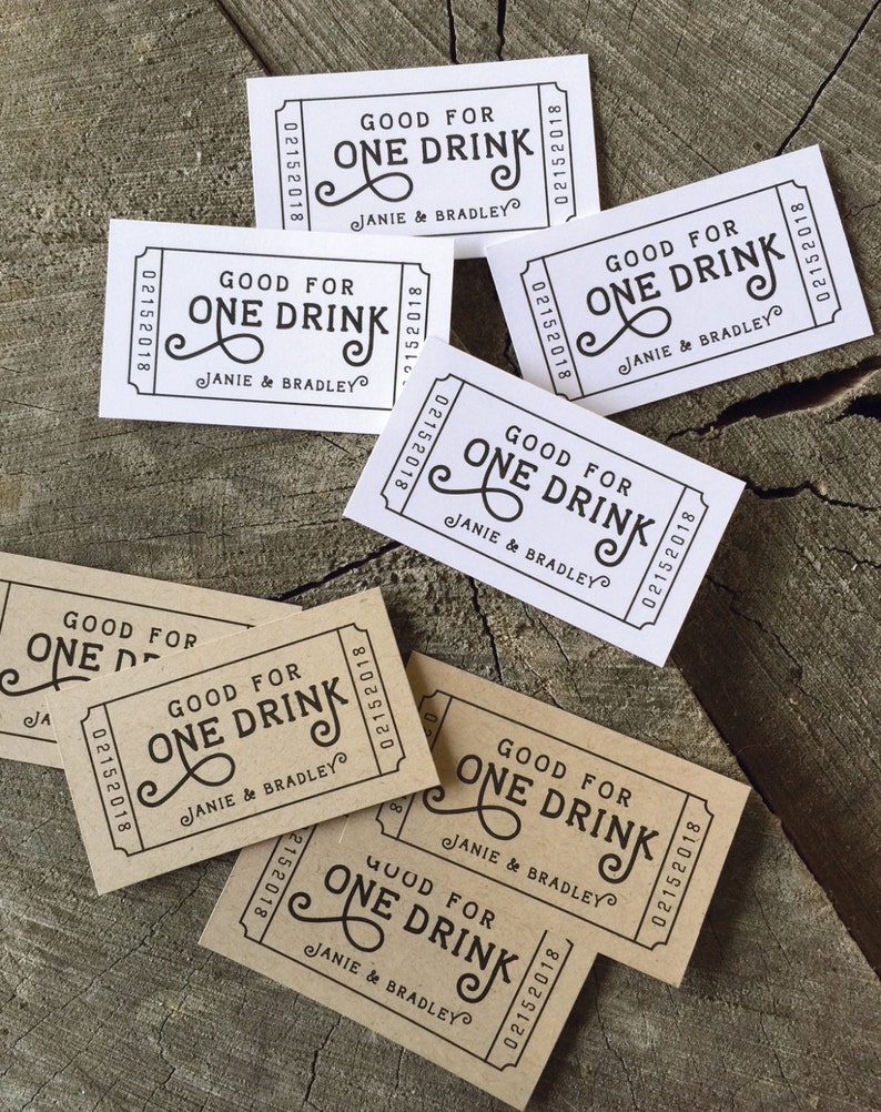 50 Wedding Drink Tickets Redeem for a Drink Coupon Party Bar Tickets Wooden Nickel One Drink Admit one Drink Token Rectangle image 3