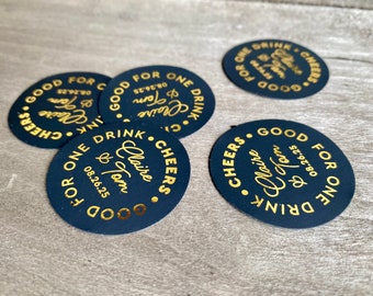 Gold Foil on Black Wedding Drink Tokens - Redeem for a Drink Coupon - Bar Voucher Ticket - Birthday Party Tokens, Good for One Drink, 50 QTY