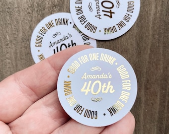 Gold Foil Wedding Drink Tokens - Redeem for a Drink Coupon - Bar Voucher Ticket - Birthday Party Tokens, Good for One Drink Token, 50 QTY
