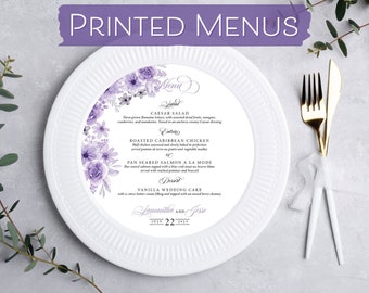 Purple Floral Wedding Menu – Round Plate Card, Elegant Banquet
