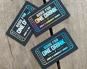 Silver Foil on Black Wedding Drink Ticket, Redeem for a Drink Coupon, Rainbow Bar Voucher Ticket, Birthday Party, Good for One Drink, 50 QTY