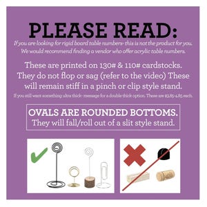 May include: A purple informational graphic with black and white text explaining cardstock table number compatibility. It features a green checkmark next to four wire and wood clip stands and a red X over two slit-style stands.