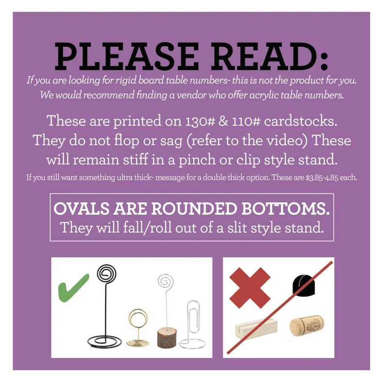 May include: A purple informational graphic with black and white text explaining cardstock table number compatibility. It features a green checkmark next to four wire and wood clip stands and a red X over two slit-style stands.