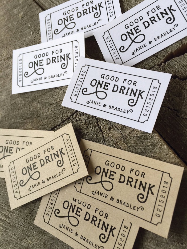 50 Wedding Drink Tickets Redeem for a Drink Coupon Party Bar Tickets Wooden Nickel One Drink Admit one Drink Token Rectangle image 1