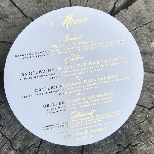 LARGE Gold Foil Charger Menu Round Metallic Wedding Menu Etsy Canada