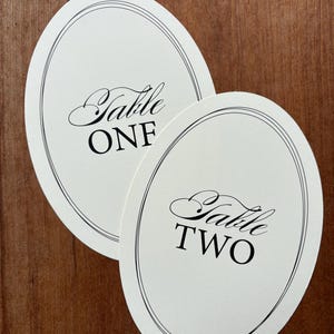 Op de afbeelding: Twee ovale tafelkaarten met zwarte tekst en een dubbele zwarte rand. E&eacute;n kaart leest "Table ONE" en de andere "Table TWO" in elegant schrift. De kaarten liggen op een houten oppervlak.