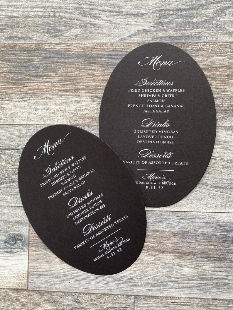 Black Stock Oval Menu Card Black and White Menu White Ink on Dark Stock Plate Card Wedding Banquet Wreath Event Menu Plate Menu image 1