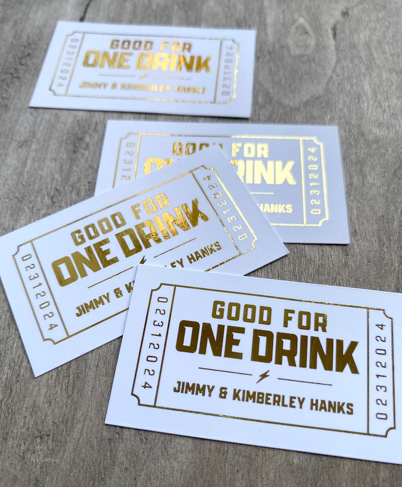 Gold Foil Wedding Drink Tickets Redeem for a Drink Coupon Bar Tickets Birthday Party Bar Tokens Good for One Drink Token, 50 QTY image 3