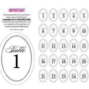 May include: A set of white oval table number cards featuring black text. Each card displays the word Table in a cursive script above a large numeral. The design includes a double-line oval border. Text instructions regarding quantity selection are included.