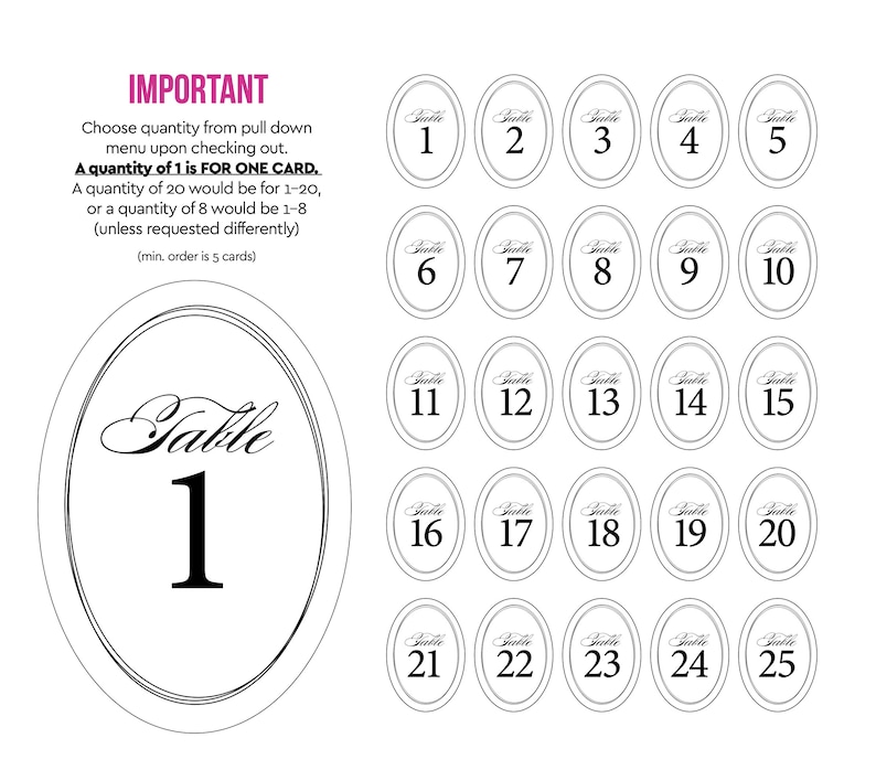 May include: A set of white oval table number cards featuring black text. Each card displays the word Table in a cursive script above a large numeral. The design includes a double-line oval border. Text instructions regarding quantity selection are included.
