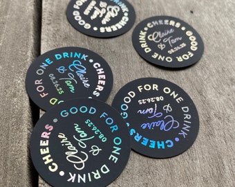 Gold Foil on Black Wedding Drink Tokens - Rainbow Foil Drink Coupon - Bar Voucher Ticket - Birthday Party Tokens, Good for One Drink, 50 QTY