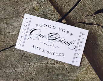 Wedding Drink Tickets - Redeem for a Drink Coupon - Party Bar Ticket - Wooden Nickel - One Drink - Admit one Token - Formal Script Rectangle