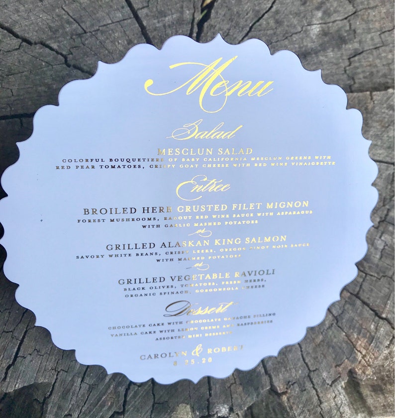 Gold Foil Menu Die Cut Round Metallic Wedding Menu Silver Etsy Canada