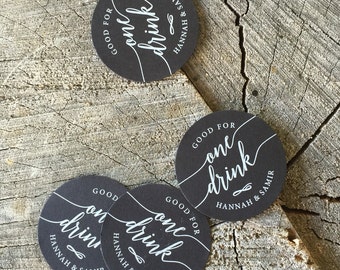 50 White ink Wedding Drink Tickets - Rustic Chalkboard Redeem for a Drink - Formal Party Bar Tickets  - One Drink - Black Stock drink Token