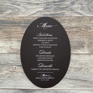 Black Stock Oval Menu Card Black and White Menu White Ink on Dark Stock Plate Card Wedding Banquet Wreath Event Menu Plate Menu image 4