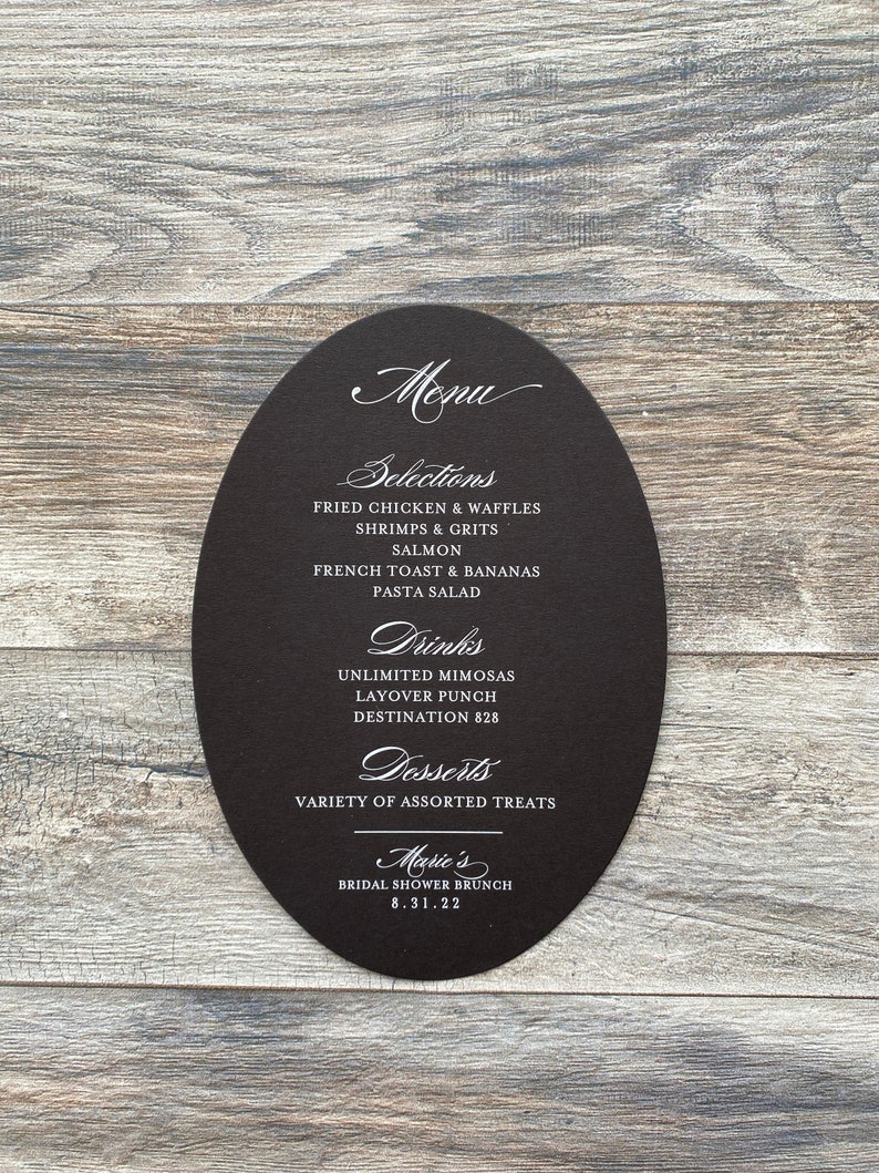 Black Stock Oval Menu Card Black and White Menu White Ink on Dark Stock Plate Card Wedding Banquet Wreath Event Menu Plate Menu image 4