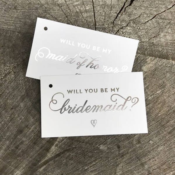 REAL FOIL Bridesmaid Tags, Silver Gold Foil Maid of Honor Card, Rose Gold Foil Matron of Honor, Will you be my, Wedding Party Tags, Wine Tag