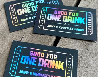 Metallic Foil on Black Wedding Drink Ticket, Redeem for a Drink Coupon, Rainbow Bar Voucher Ticket, Birthday, Good for One Drink, 50 QTY