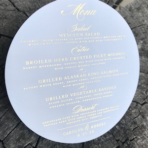 GROTE goudfolie opladermenu rond - metallic bruiloftsmenu - zilveren bruiloftplaatkaart - bruiloftsbanketkaart - evenementmenu roségoudfolie