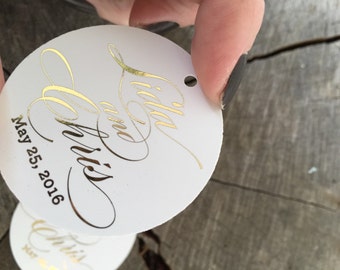 50 Gold Foil Simple Modern Round Tags - Rose Gold Foil Favor Tag - Metallic Gold Silver Labels - Metal Thank you Hang Tags Script