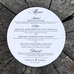 GRAN Menú de boda de tinta plana redondo - Menú de boda en blanco y negro - Tarjeta de placa de boda en color - Banquete de bodas - Menú de eventos - Placa de cargador