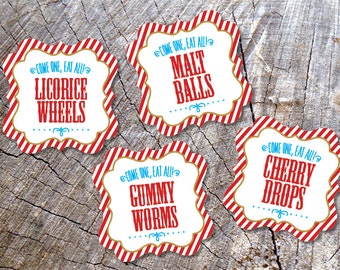 Candy Buffet tags - Circus Candy Table Tags - Carnival Style Candy Labels - Birthday Buffet Menu Cards- Set of 12