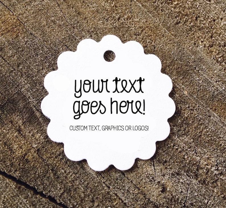 Custom Message Favor Tags , Round Logo Thank you tags, Scalloped Custom Text Wedding Gift Tags, Bridal Shower Tags, Set of 50 image 1