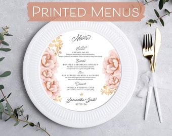 Pink Faux Gold Floral Wedding Menu Round - Rose Gold Romantic Wedding Menu - Wedding Plate Card - Wedding Banquet Charger Event Menu