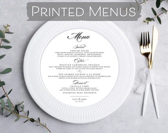 Black Tie Wedding Menu Round - Formal Romantic Wedding Menu, Calligraphy Script Wedding Plate Card - Wedding Banquet Charger Event Menu