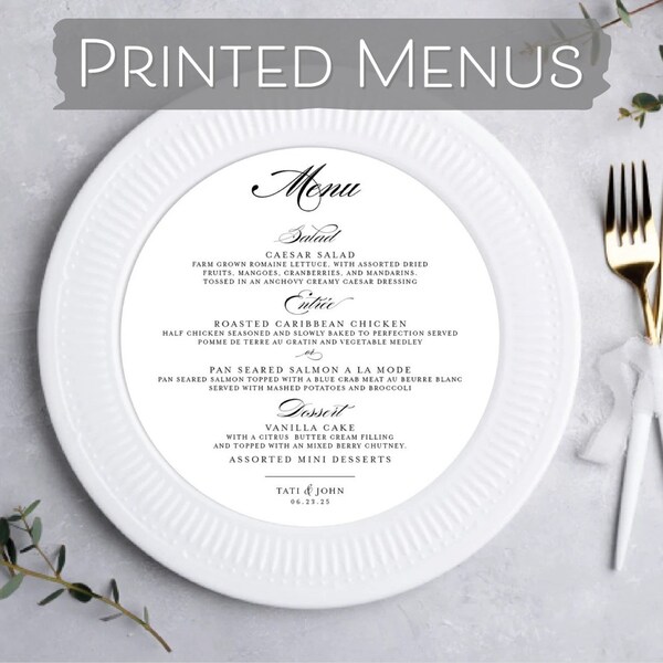 Black Tie Wedding Menu Round - Formal Romantic Wedding Menu, Calligraphy Script Wedding Plate Card - Wedding Banquet Charger Event Menu