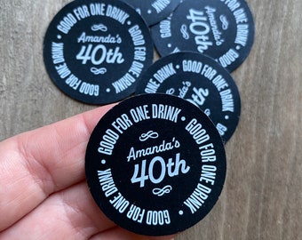 Birthday Party Drink Tickets - Chalkboard Redeem for a Drink - Good for one Drink Bar Tickets White Ink, White Ink Black Stock Drink Token