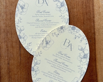 Formal Floral Oval Menu Card - Toile Dusty Blue Menu - Chinoiserie Scenic Seating Chart Plate Card - Wedding Banquet Wreath Event Menu