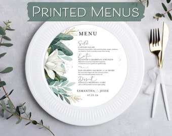 Sage Magnolia Wedding Menu Round - Blue Green Romantic Wedding Menu - Leaf Greenery Wedding Plate Card - Wedding Banquet Charger Event Menu