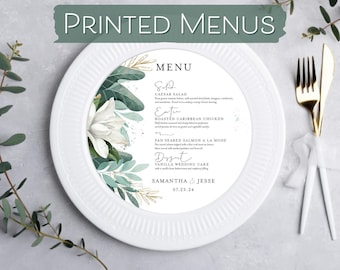 Sage Magnolia Wedding Menu Round - Blue Green Romantic Wedding Menu - Leaf Greenery Wedding Plate Card - Wedding Banquet Charger Event Menu