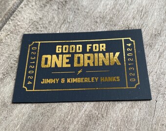 Gold Foil on Black Wedding Drink Ticket - Redeem for a Drink Coupon - RainbowBar Voucher Ticket, Birthday Party, Good for One Drink, 50 QTY