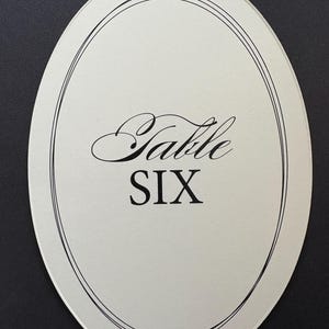 Op de afbeelding: Ovale tafelnummerkaart met het woord "Table" in elegant schrift boven het nummer "SIX" in een vetgedrukte letter. De kaart heeft een witte achtergrond met een dunne zwarte rand.