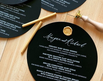 Black Stock Wax Seal Menu Card - Black and White Menu - White Ink on Dark Stock Plate Card - Wedding Banquet - High end Elegant Menu