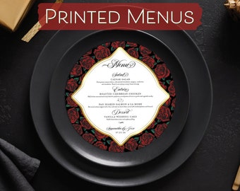 Gothic Rose Floral Wedding Menu Round - Dark Romantic Wedding Menu - Moody Wedding Plate Card - Dark Wedding, Burgundy Black Charger Menu