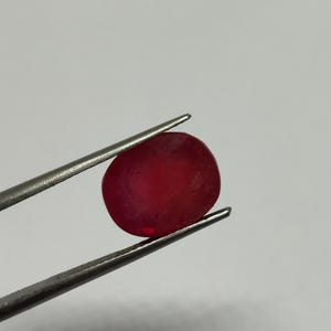 May include: A vibrant, oval-shaped, red gemstone is held by a pair of silver tweezers. The gemstone has a smooth, polished surface and a deep, saturated color. The background is a plain, light gray.
