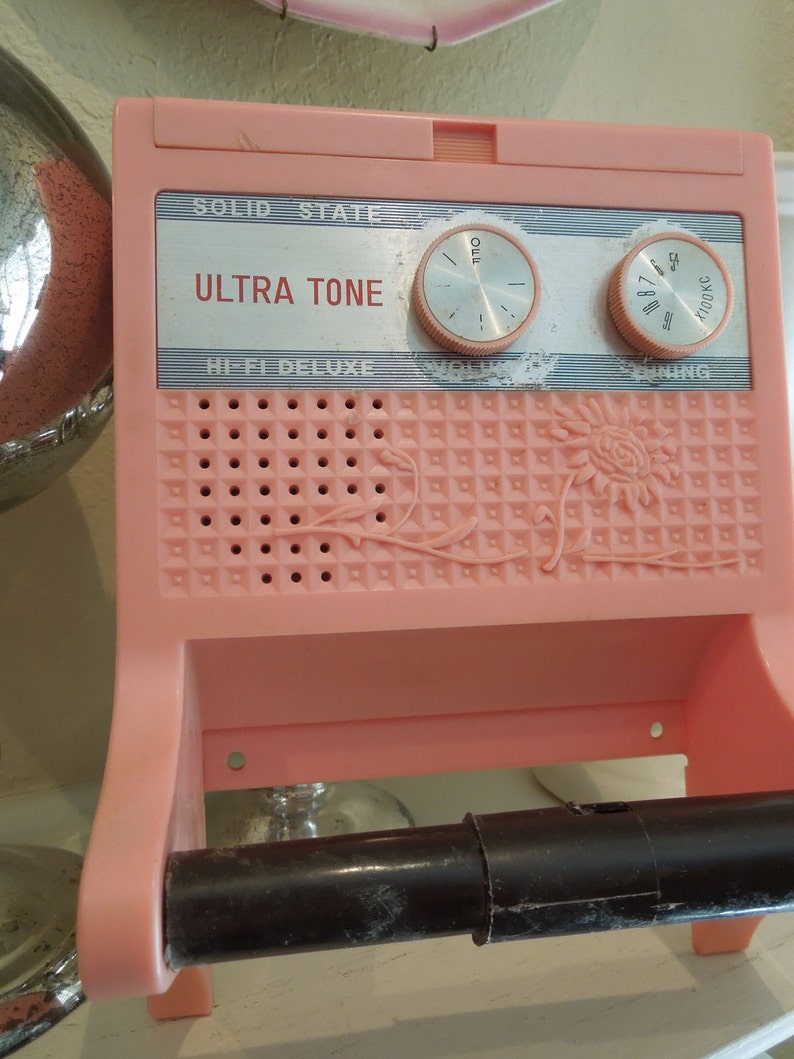 Vintage 1960's Tacky Pink Toilet Paper Tissue Holder Radio image 1
