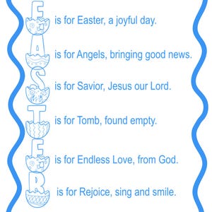 Könnte beinhalten: Eine blau umrandete Grafik zum Thema Ostern mit dem Wort "EASTER" vertikal angeordnet. Jeder Buchstabe ist als Ei gestaltet, mit begleitenden Sätzen wie "freudiger Tag" und "Endlose Liebe, von Gott."