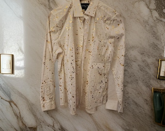 Camisa de manga larga de hombre Paisley and Grey Slim Fit con botones y lunares blancos/dorados