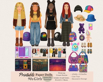 90s Paper Dolls Printable Busy Book | Retro Fashion Dolls | Sleepover Activity | Dress Up Play Set | Instant Download PDF