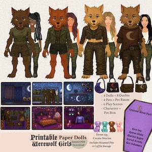 Printable Werewolf Paper Dolls for Kids | Wolf Girl Dress Up Dolls | Human & Wolf Forms | Fantasy Craft Activity | Quiet Busy Book