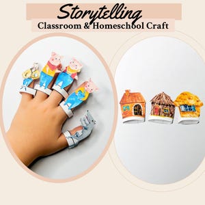 Fingerpuppen zu den drei kleinen Schweinchen | Druckbare Erzählvorlage | Interaktives Märchenbastelprojekt | Druckbare Vorlage für den Heimunterricht | Fantasievolles Spiel