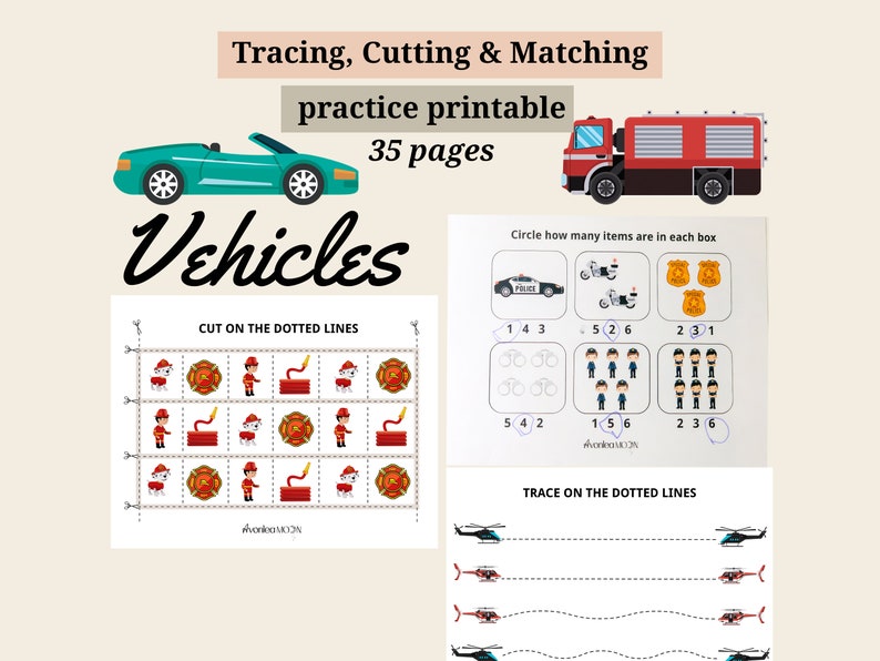 Cars and Construction Tracing Cutting Matching Handwriting Letter